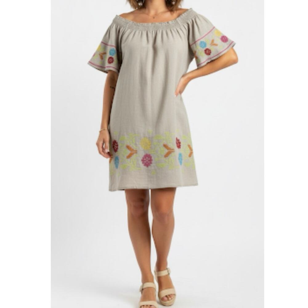 Uncle Frank Linen Cross Stitch Off Shoulder Tunic Peasant Dress Flax Size M